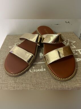 Tilocow Gold Double Strap Slide Sandals for Women